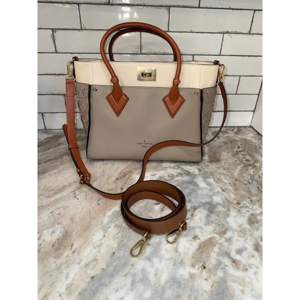 Louis Vuitton On My Side PM Monogram Empreinte Leather Tote Bag Greige Cream